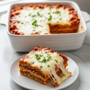 A 45-degree angle shot of a cheesy ground turkey casserole in a white baking dish, with a slice served on a plate.