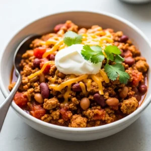 A close-up 45-degree angle shot of a bowl of easy ground turkey chili topped with cheese, sour cream, and cilantro.