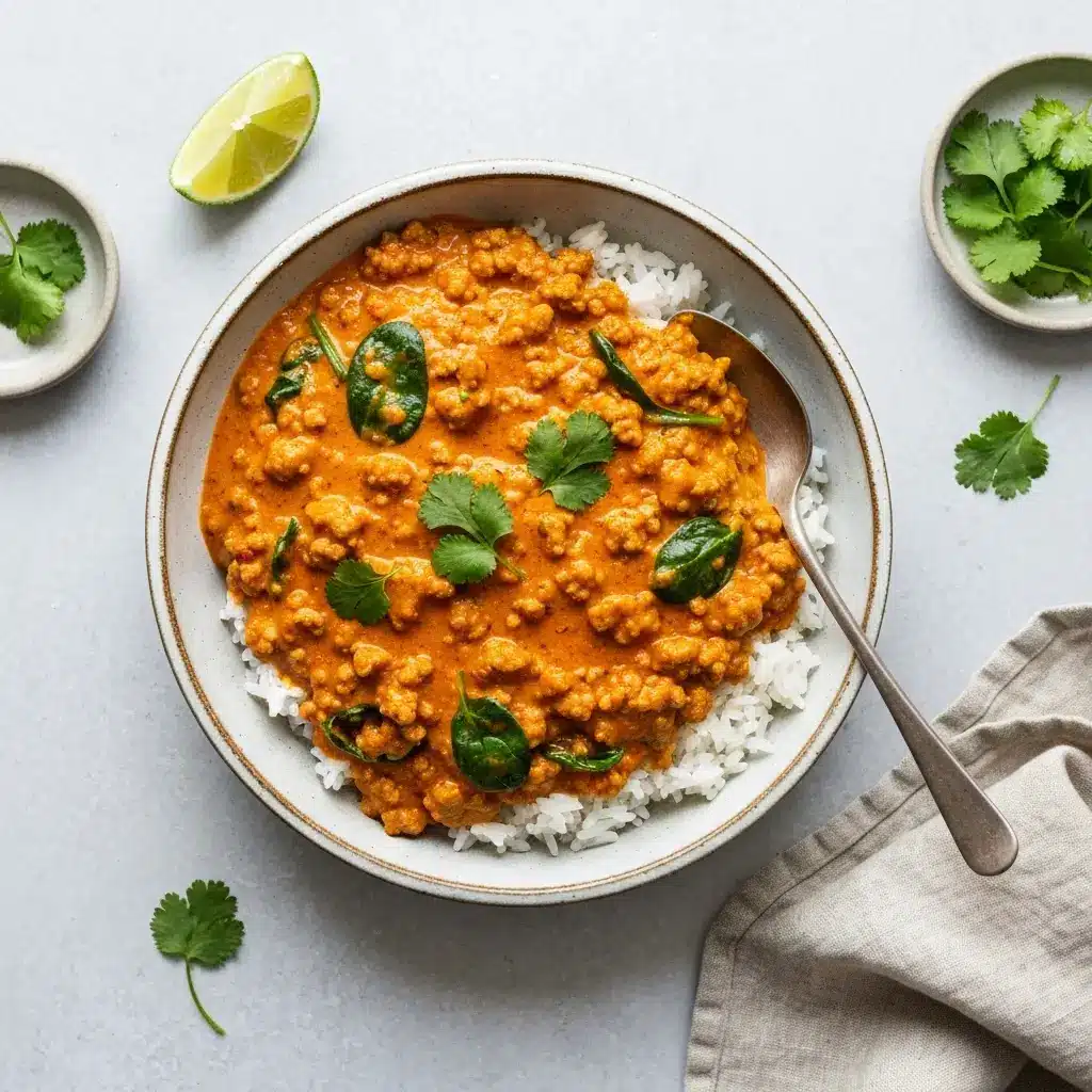 An overhead view of a finished bowl of the ground turkey curry recipe, garnished and ready to eat.