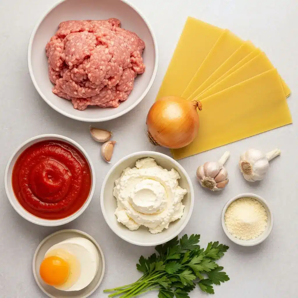 Ingredients for ground turkey lasagna, including ground turkey, tomatoes, ricotta, mozzarella, and noodles, arranged on a light surface.