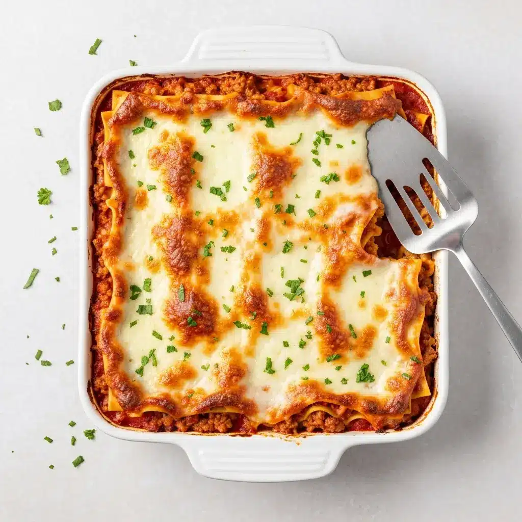 Overhead view of a baked ground turkey lasagna in a baking dish, with a golden-brown cheesy top.