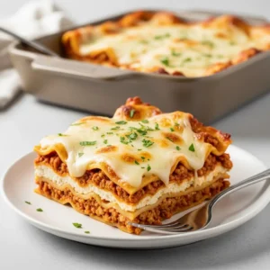 A perfect slice of ground turkey lasagna on a white plate, showing layers of pasta, cheese, and meat sauce.