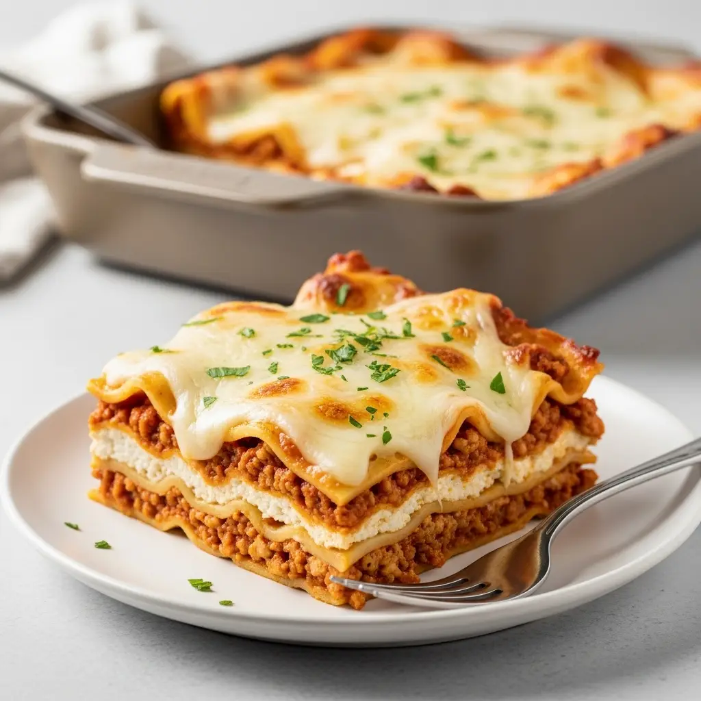 A perfect slice of ground turkey lasagna on a white plate, showing layers of pasta, cheese, and meat sauce.