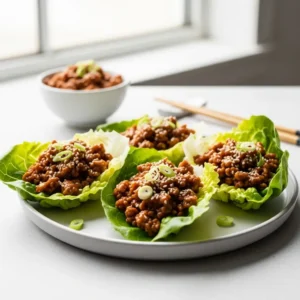 A close-up of three ground turkey lettuce wraps on a light grey plate, ready to be eaten.