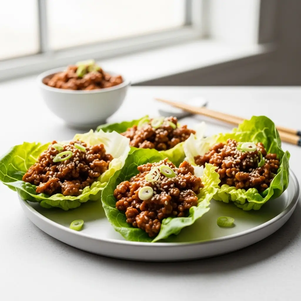 A close-up of three ground turkey lettuce wraps on a light grey plate, ready to be eaten.