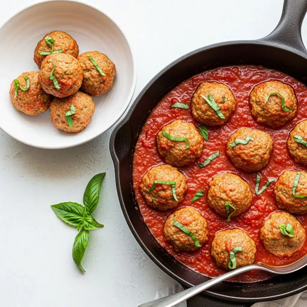 Ground Turkey Meatballs Recipe (The BEST, Juiciest!) 2 A close-up 45-degree angle shot of perfectly cooked ground turkey meatballs in a skillet with rich marinara sauce and fresh basil.