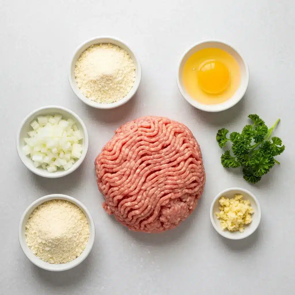 Ground Turkey Meatballs Recipe (The BEST, Juiciest!) 1 An overhead shot of the ingredients for the ground turkey meatballs recipe, including ground turkey, panko, parmesan, egg, and herbs.