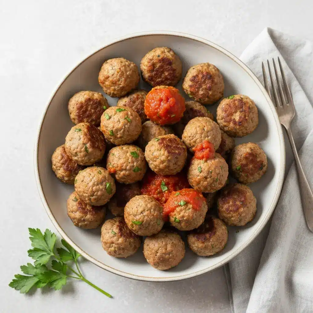 Ground Turkey Meatballs Recipe (The BEST, Juiciest!) 3 An overhead view of a white serving bowl filled with freshly cooked ground turkey meatballs.