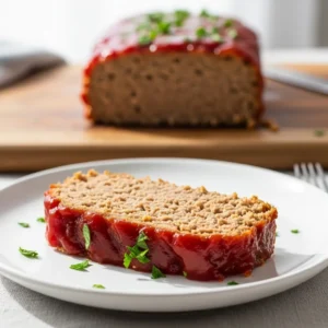 A thick slice of the best ground turkey meatloaf on a white plate, showing its juicy texture and shiny glaze.