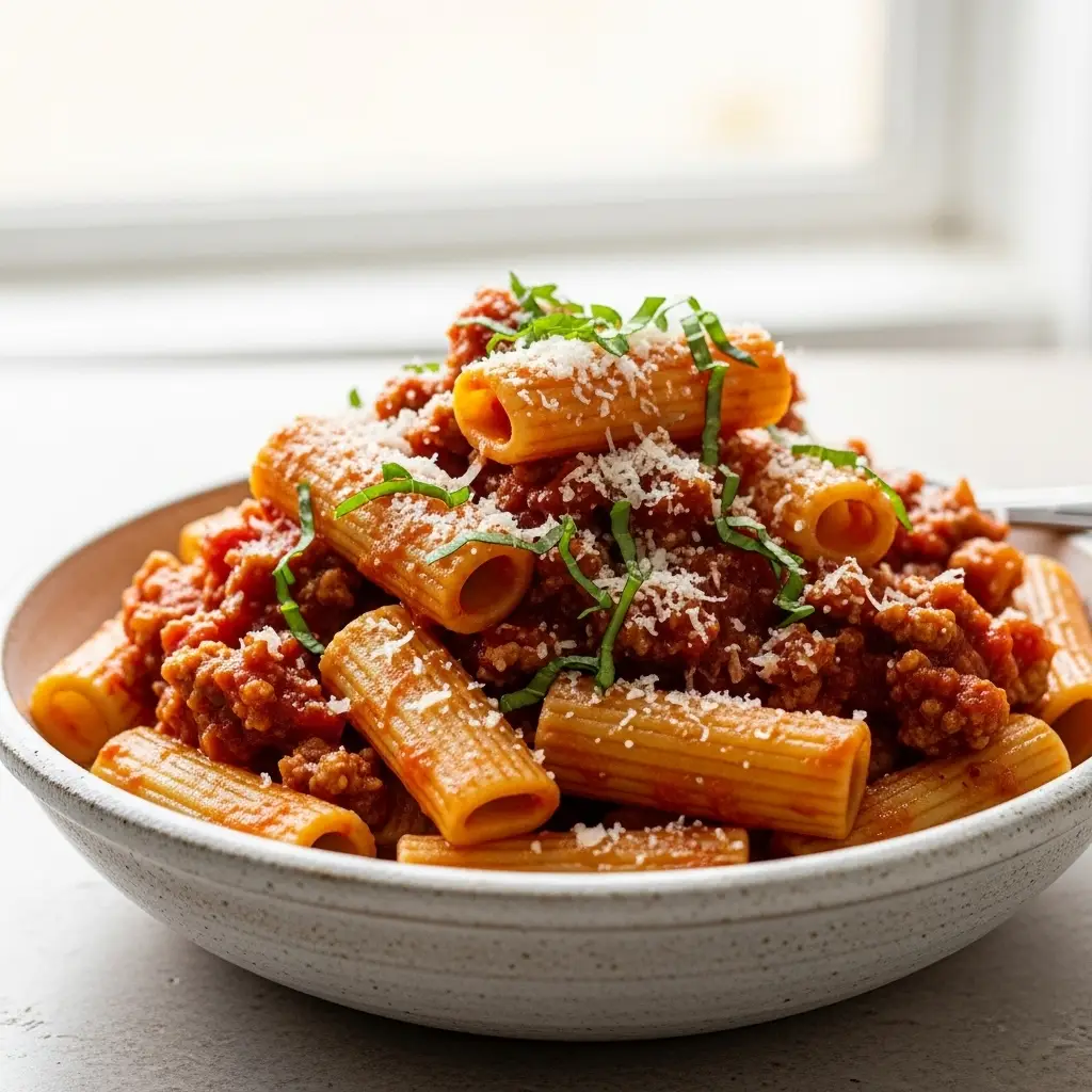 A close-up shot of a bowl of ground turkey pasta recipe, with a rich tomato sauce and garnished with fresh basil and parmesan cheese.