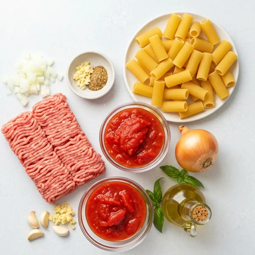 An overhead view of the ingredients for the ground turkey pasta recipe, including ground turkey, pasta, tomatoes, onion, and spices.