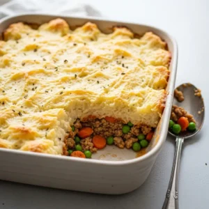 A close-up 45-degree angle shot of a freshly baked ground turkey shepherd's pie in a casserole dish, with a scoop taken out to show the savory filling inside.