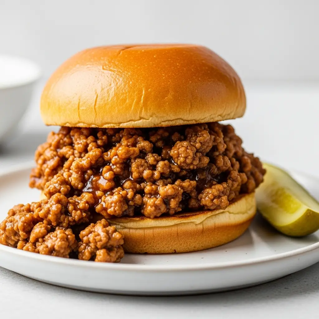 A close-up of a ground turkey sloppy joe on a toasted brioche bun, served on a light plate.