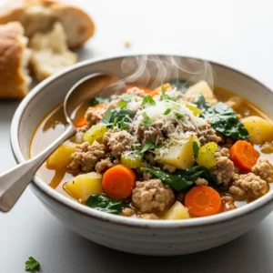 A close-up 45-degree angle shot of a bowl of healthy ground turkey soup, garnished with parmesan and parsley.