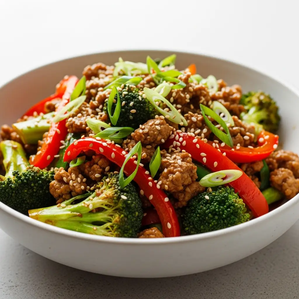 A close-up shot of a bowl of ground turkey stir fry with broccoli and red bell peppers.