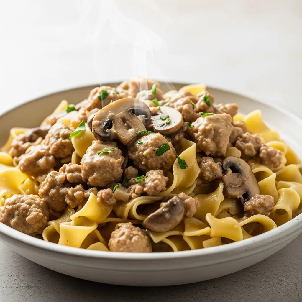 A close-up bowl of creamy ground turkey stroganoff served over egg noodles and garnished with fresh parsley.