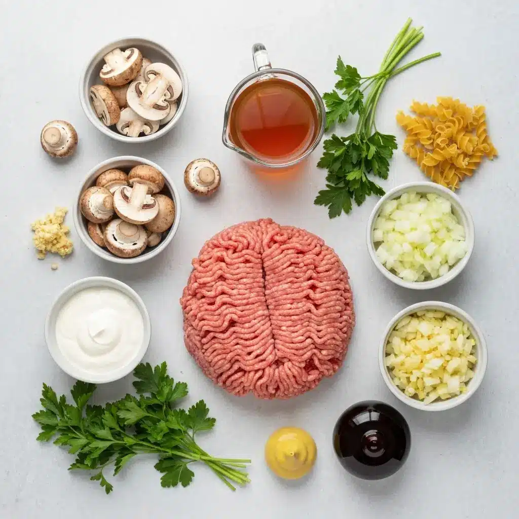 Ingredients for ground turkey stroganoff, including ground turkey, mushrooms, onion, sour cream, and beef broth, laid out on a light surface.