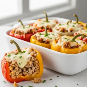 A close-up shot of cheesy ground turkey stuffed peppers in a white baking dish.