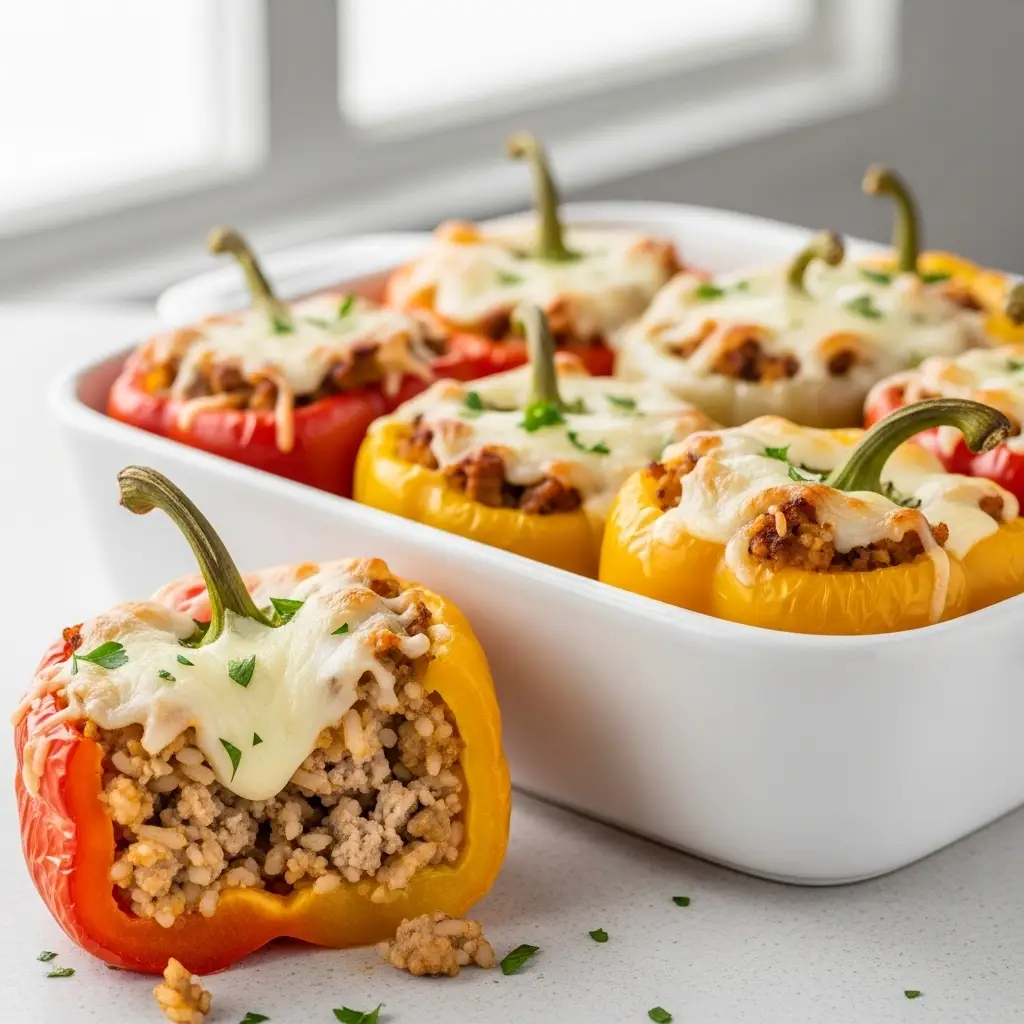 A close-up shot of cheesy ground turkey stuffed peppers in a white baking dish.