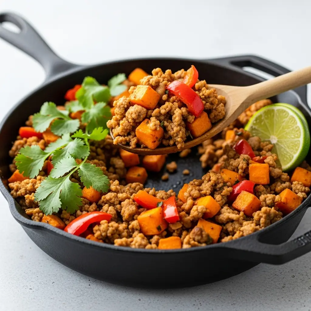A 45-degree angle view of a ground turkey sweet potato skillet in a cast iron pan, with a spoonful being lifted out.