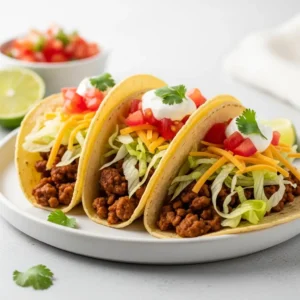 Three flavorful ground turkey tacos on a plate, filled with seasoned meat, lettuce, tomato, and cheese.