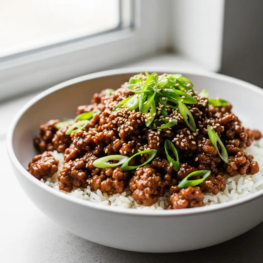 A close-up 45-degree angle shot of a bowl of ground turkey teriyaki served over rice and garnished with green onions.