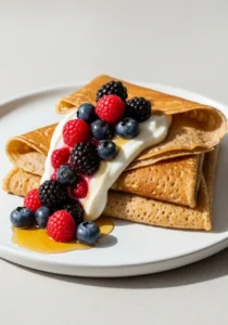 A stack of healthy crepes filled with Greek yogurt and fresh berries, drizzled with maple syrup.