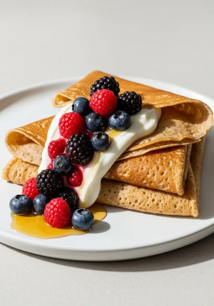 A stack of healthy crepes filled with Greek yogurt and fresh berries, drizzled with maple syrup.