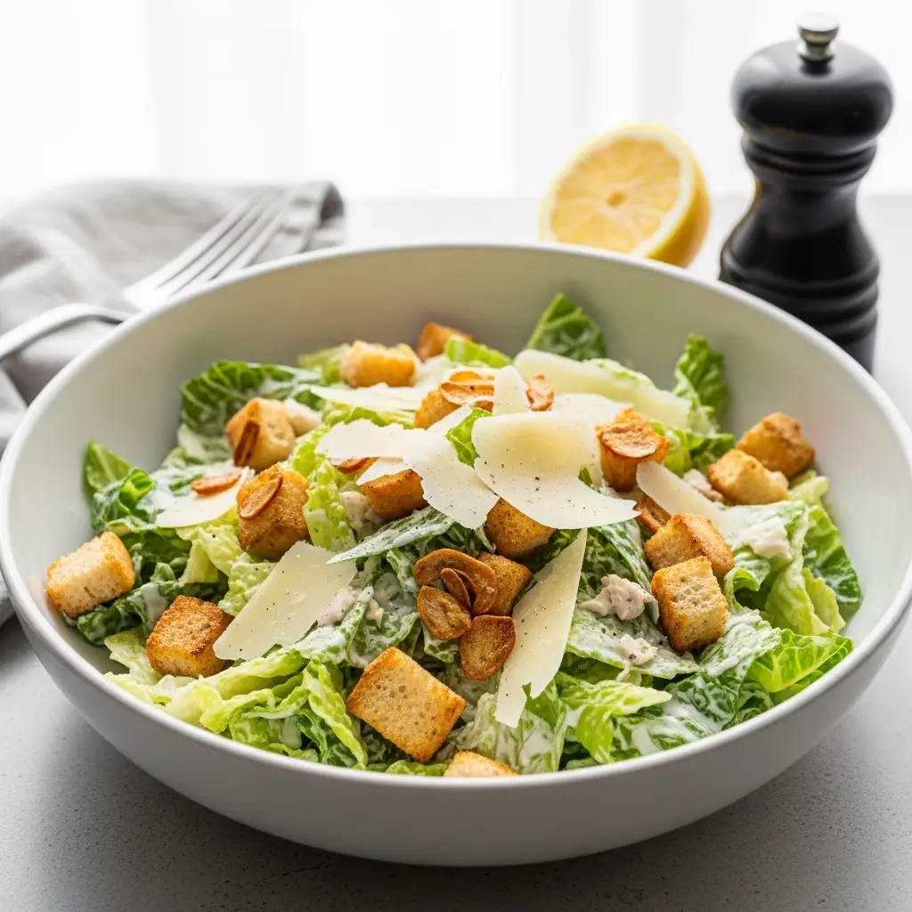 A large white bowl filled with a classic Caesar salad recipe, tossed with creamy dressing and topped with homemade croutons and shaved Parmesan.