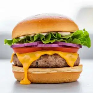 A juicy ground turkey burger on a toasted bun with melted cheese, lettuce, and tomato.