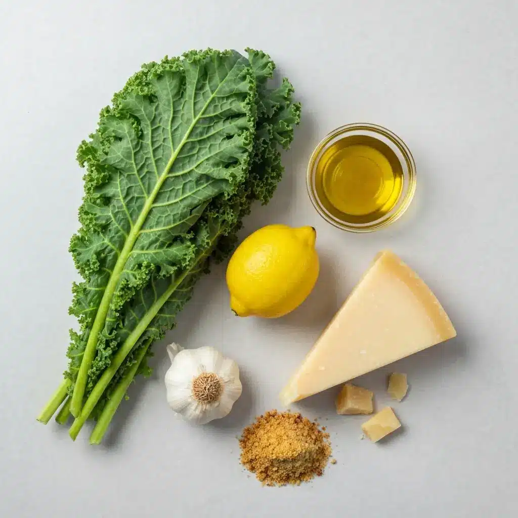 An overhead shot of the ingredients for a kale salad recipe: Lacinato kale, lemon, garlic, olive oil, parmesan, and breadcrumbs.
