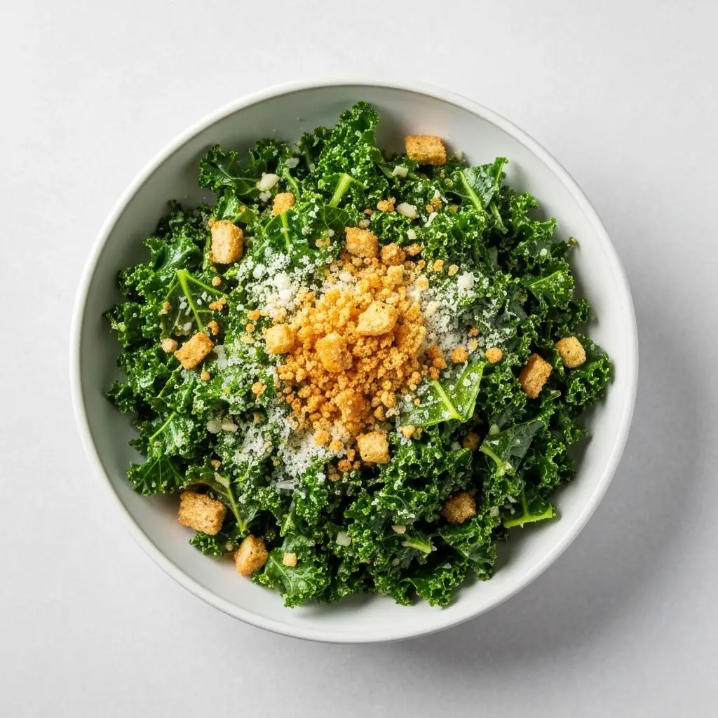 An overhead flat lay shot of a large bowl of the finished kale salad recipe, ready to be served.