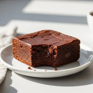 A single, perfect keto brownie on a white plate, showing its fudgy interior and crackly top.