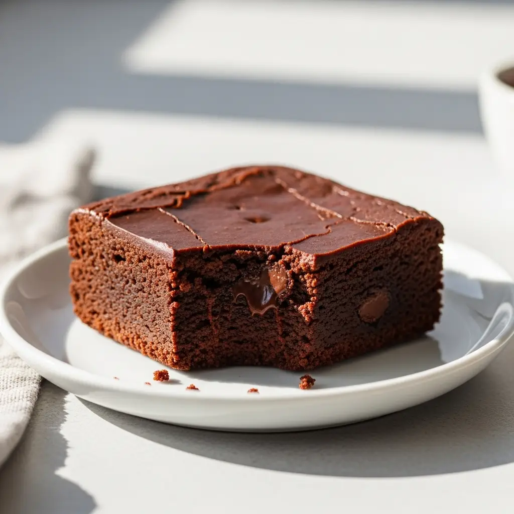 A single, perfect keto brownie on a white plate, showing its fudgy interior and crackly top.