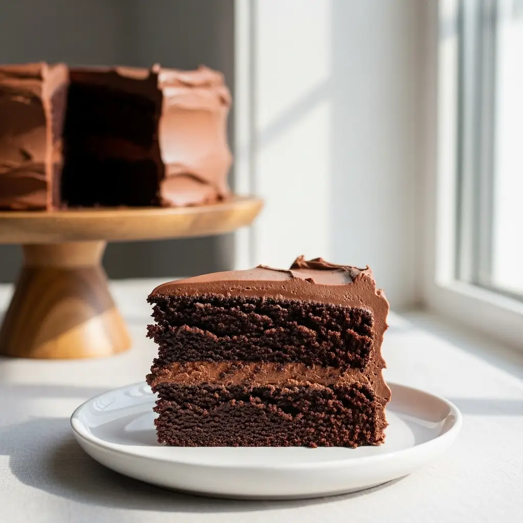 A slice of moist keto chocolate cake with dark chocolate frosting on a white plate.