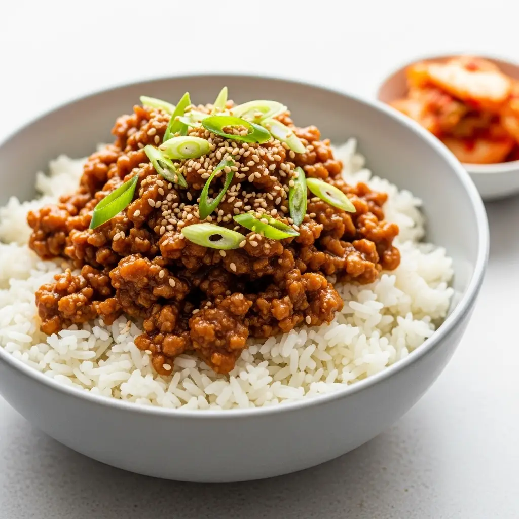 A 45-degree angle shot of a Korean ground turkey recipe served in a gray bowl over rice, garnished with scallions and sesame seeds.