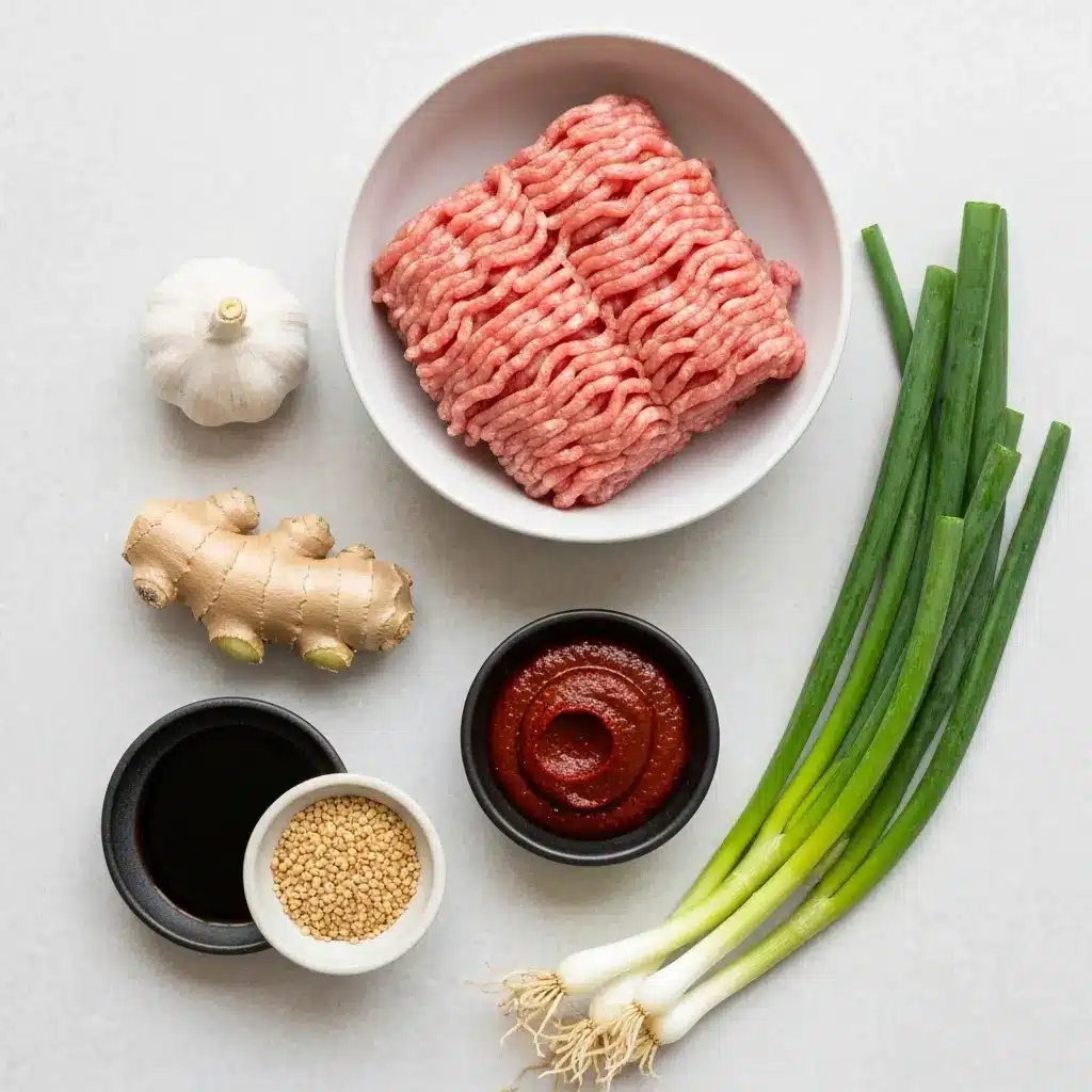 An overhead shot of the ingredients for Korean ground turkey: ground turkey, gochujang, soy sauce, garlic, ginger, and scallions.