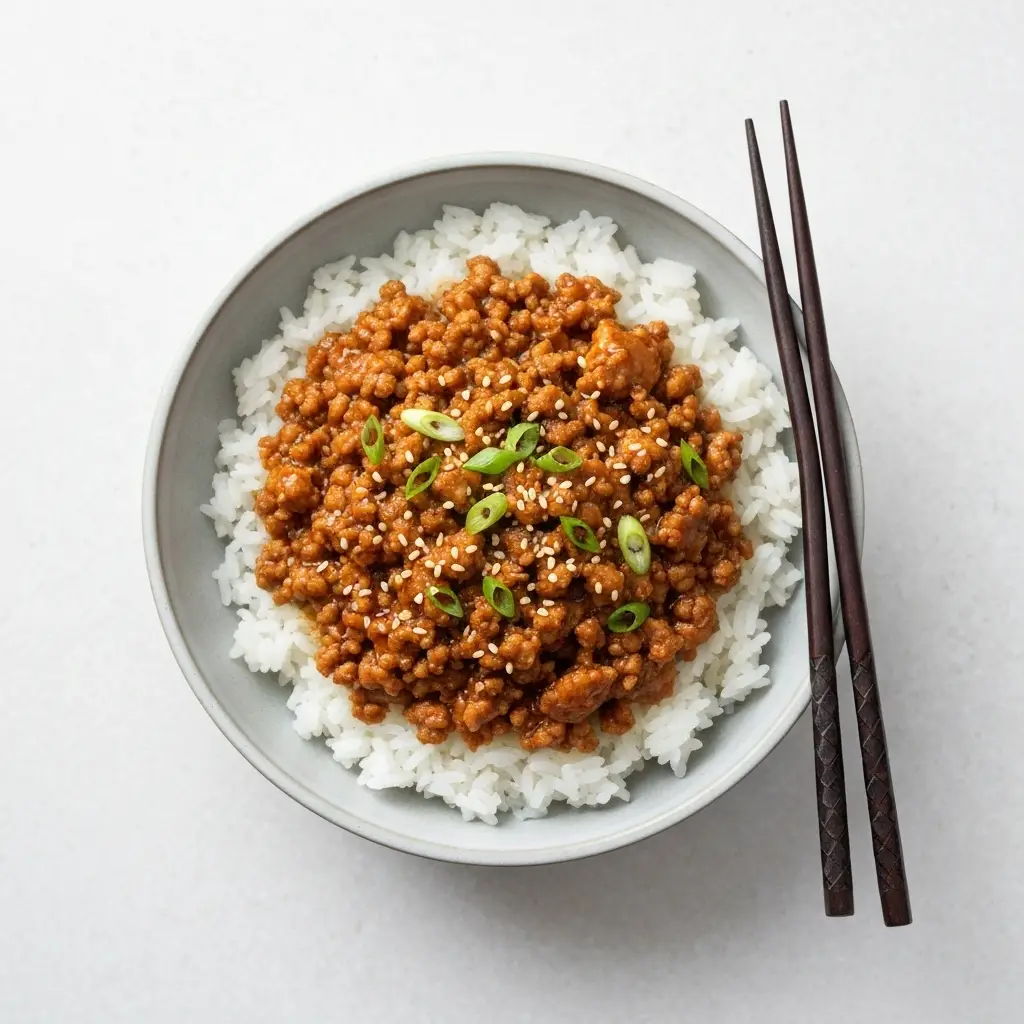 An overhead flat lay photo of the finished Korean ground turkey recipe in a bowl, ready to eat.