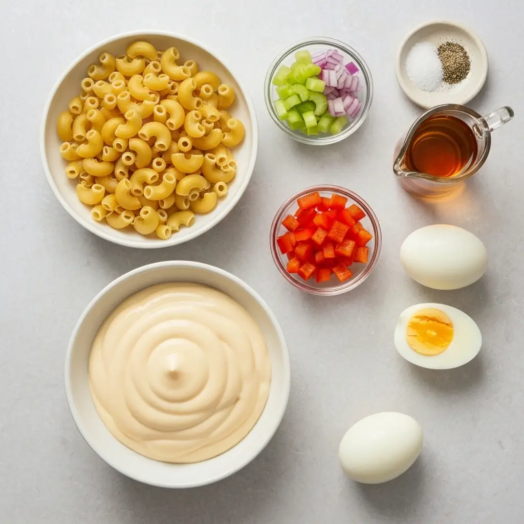 Ingredients for macaroni salad laid out on a light surface, including pasta, mayonnaise, and fresh vegetables.