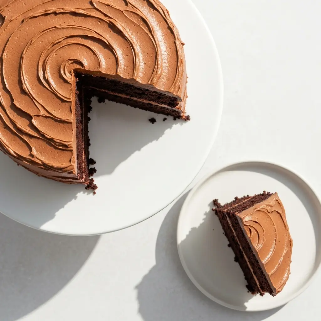 Overhead view of a frosted moist chocolate cake on a cake stand with one slice cut and placed beside it.
