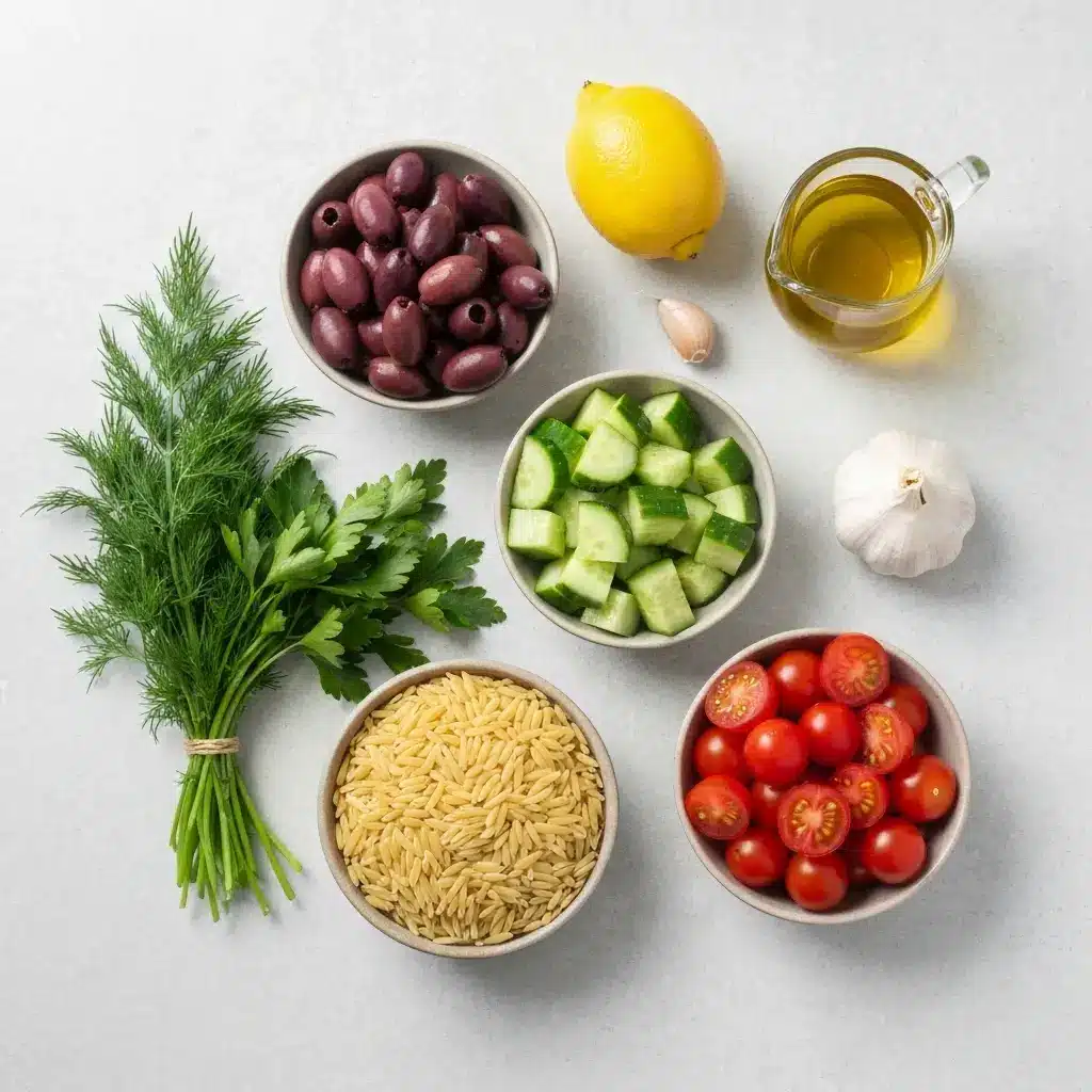 Orzo Salad Recipe (The Best, Easiest Mediterranean Style) 1 Ingredients for an orzo salad recipe laid out on a light surface, including orzo, feta, cucumber, tomatoes, lemon, and herbs.