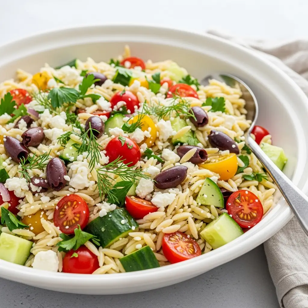 Orzo Salad Recipe (The Best, Easiest Mediterranean Style) 2 A large white bowl filled with a fresh and vibrant Mediterranean orzo salad recipe, tossed with feta, tomatoes, and cucumber.