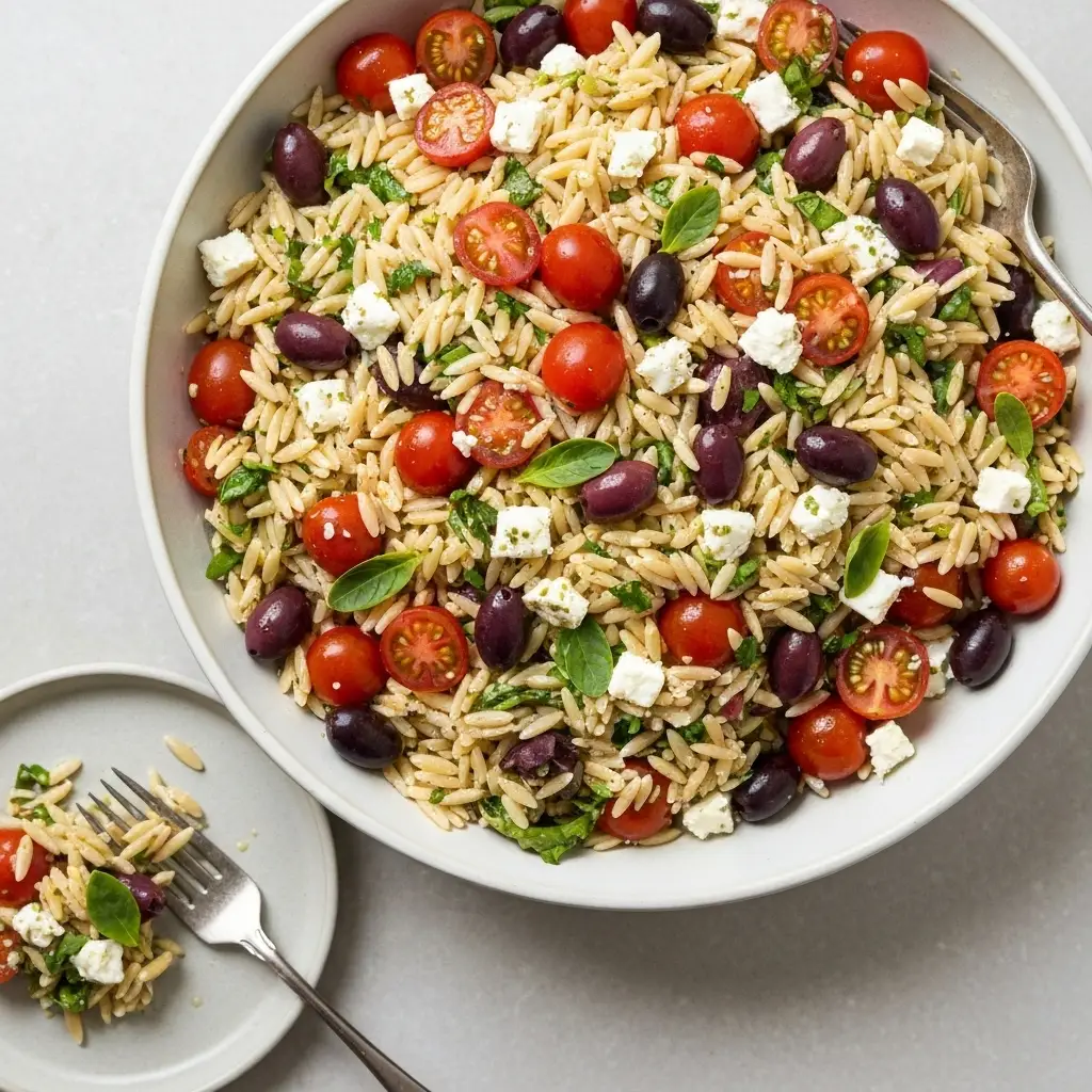 Orzo Salad Recipe (The Best, Easiest Mediterranean Style) 3 An overhead view of a large bowl of Mediterranean orzo salad, ready to be served.