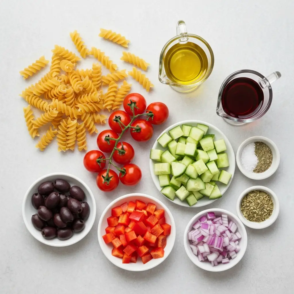 Ingredients for pasta salad recipe laid out on a light surface, including pasta, tomatoes, cucumber, and onion.