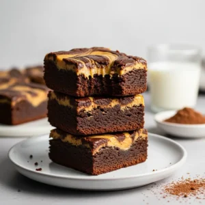 A stack of three homemade peanut butter brownie squares on a plate, showing the fudgy texture and creamy swirl.