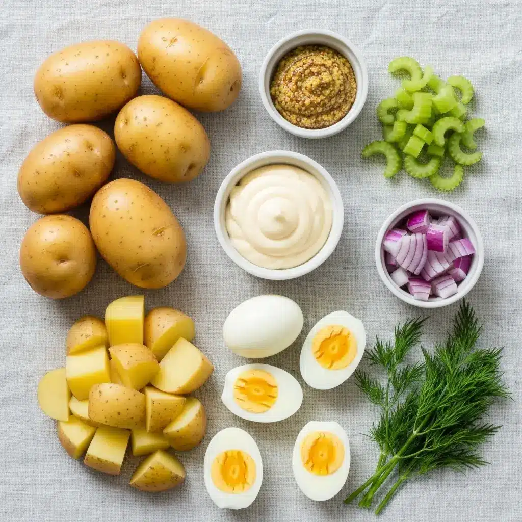 Ingredients for potato salad recipe laid out on a light surface.