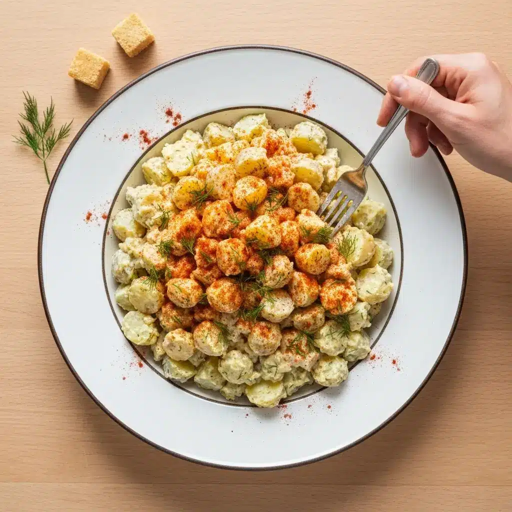 An overhead view of a bowl of creamy potato salad.