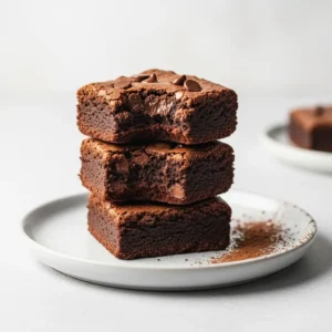A stack of three fudgy protein brownies on a light gray plate, with the top one having a bite taken out to show the moist interior.