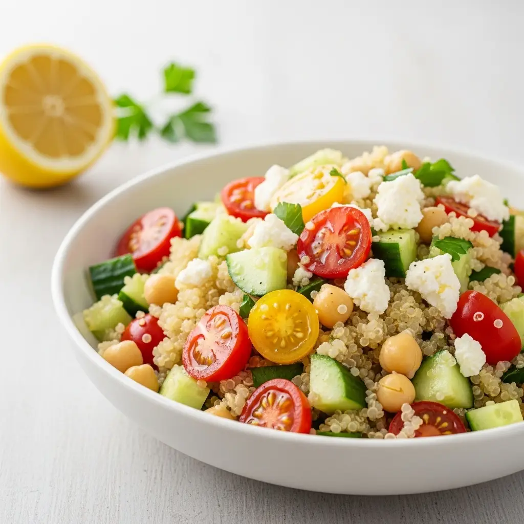 Quinoa Salad Recipe (The Ultimate Healthy & Easy Guide) 2 A close-up 45-degree angle shot of a healthy quinoa salad in a white bowl, filled with tomatoes, cucumber, chickpeas, and feta cheese.