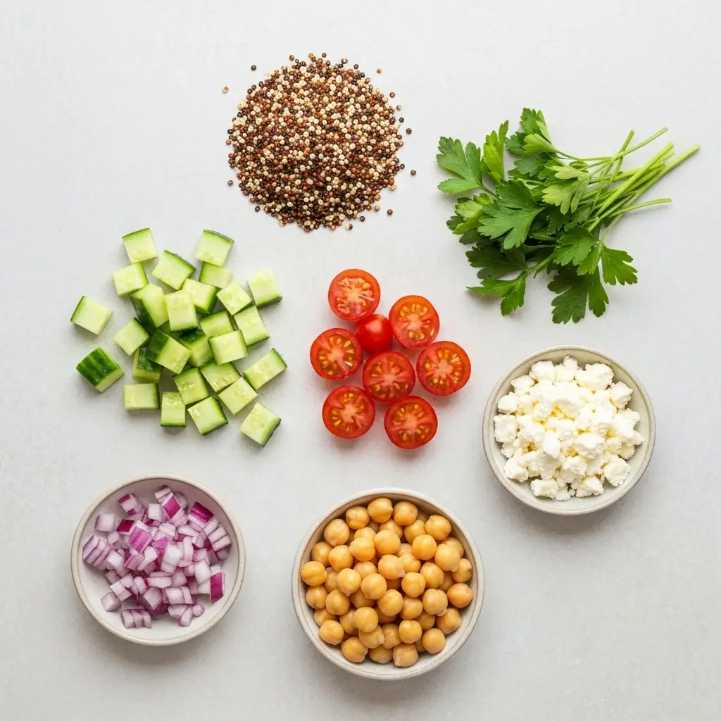 Quinoa Salad Recipe (The Ultimate Healthy & Easy Guide) 1 Overhead shot of the fresh ingredients for a quinoa salad recipe, including quinoa, cucumber, tomatoes, chickpeas, and red onion.